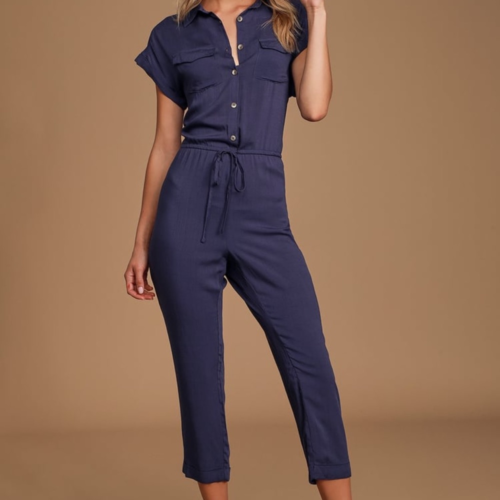 Navy Blue Button-Up Drawstring Jumpsuit